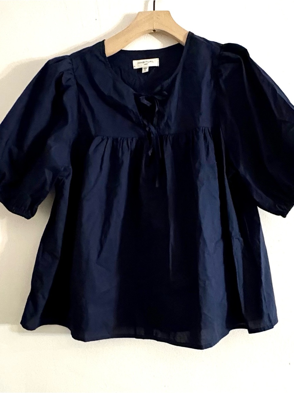 Habitual Navy Tie-Neck Puff Sleeve Blouse